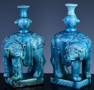 Pair 19thc Chinese Turquoise Blue Glaze Buddhist Elephant Figure Vases
