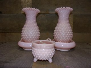 Vintage Pink Fenton Hobnail Milk Glass Hurricane Chamber Lamp And Candle Holder