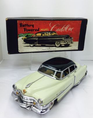 1958 Tin Litho Marusan Cadillac Battery Operated Tin Toy Car Box Japan