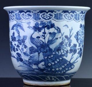 Fine Antique 19thc Chinese Blue White Bird Landscape Planter Jardiniere Vase