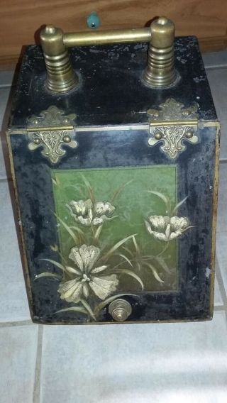 Vintage Antque Black Metal And Brass Fireplace Coal Ash Scuttle Box
