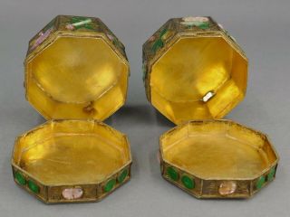 Fine Antique Pair Chinese Jade Rose Quartz And Gilt Filigree Small Box 10