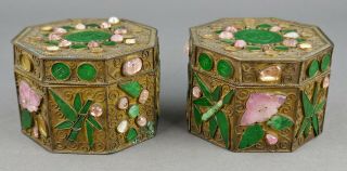 Fine Antique Pair Chinese Jade Rose Quartz And Gilt Filigree Small Box
