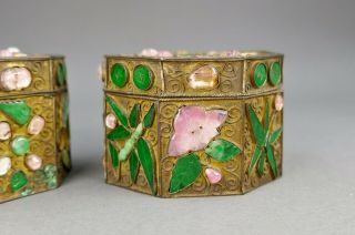 Fine Antique Pair Chinese Jade Rose Quartz And Gilt Filigree Small Box 2