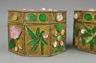Fine Antique Pair Chinese Jade Rose Quartz And Gilt Filigree Small Box 3