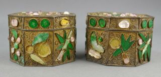 Fine Antique Pair Chinese Jade Rose Quartz And Gilt Filigree Small Box 4