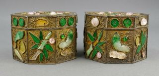 Fine Antique Pair Chinese Jade Rose Quartz And Gilt Filigree Small Box 5