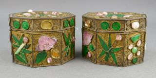 Fine Antique Pair Chinese Jade Rose Quartz And Gilt Filigree Small Box 7