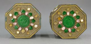 Fine Antique Pair Chinese Jade Rose Quartz And Gilt Filigree Small Box 8
