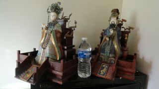 Pair Antique Figurine Chinese Cloisonne Emperor Empress Wood Enamel Old Brass
