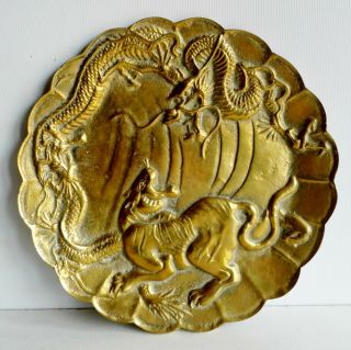 Magnificent Rare Antique Chinese Bronze Plate - Tiger & Dragon - Character Marks