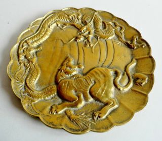 MAGNIFICENT RARE ANTIQUE CHINESE BRONZE PLATE - TIGER & DRAGON - CHARACTER MARKS 2