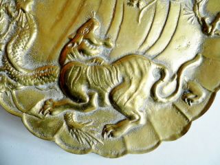 MAGNIFICENT RARE ANTIQUE CHINESE BRONZE PLATE - TIGER & DRAGON - CHARACTER MARKS 3