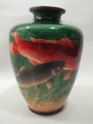 (b) A Fine Japanese Cloisonne Vase With Fish On A Green Ground