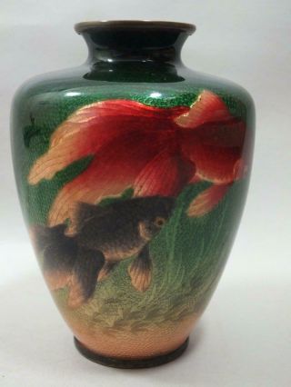 (a) A Fine Japanese Cloisonne Vase With Fish On A Green Ground