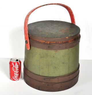 Vtg Antique Primitive Americana Painted Wood Firkin Sugar Bucket W/ Lid Handle