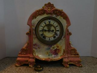 Ansonia Royal Bonn Porcelain Mantle Clock,  Open Escapement,  Runs