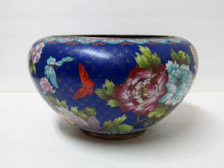 Fine Antique Chinese Large Cloisonne Bowl With Floral Bird & Butterfly Design