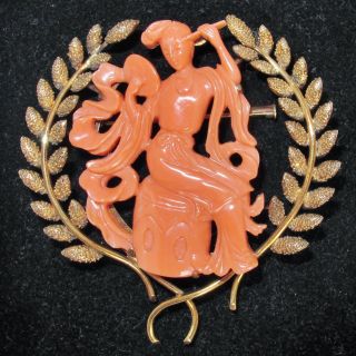 2.  35 " Vintage 14k Gold Brooch W/ Chinese Carved Pink Coral Lady Immortal (18.  2g)