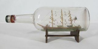 Antique Whimsy 19th C Kingdom Of Italy 3 Mast Tall Ship In A Bottle W/stand Yqz