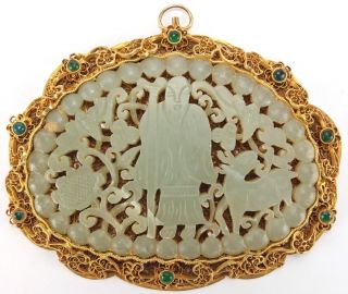 Rare,  Antique,  Chinese Silver Gilt Filigree Pendant Housing Carved Green Jade
