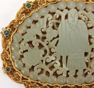 RARE,  ANTIQUE,  CHINESE SILVER GILT FILIGREE PENDANT HOUSING CARVED GREEN JADE 2