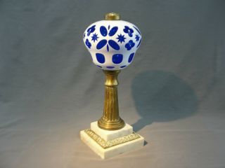 Rare Large Carved Milk Cobalt Glass Banquet Oil Lamp Brass Marble 19th Century