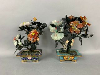 20th C.  Chinese Two Jade Agate And Serpentine Flowering Bonsai Tree In Cloisonné