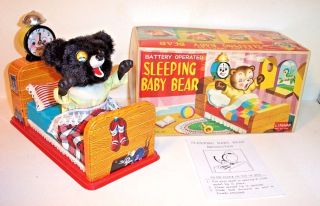 1950s Linemar Battery Operated Sleeping Baby Bear Vintage Tin Litho Toy Mib