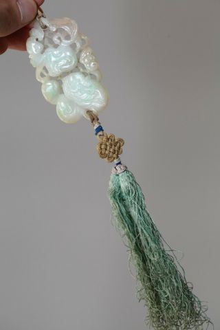 Antique Chinese Carved Jadeite Bat Pendant & Tassel,  Qing Dynasty 19th Century.