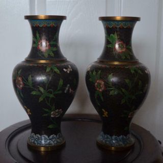 2 Antique Chinese Cloisonné Vases,  Black Background
