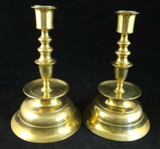 Pr.  Antique European Solid Brass Candlesticks W/ Drip Pan.  Approx.  8 5/8” Tall