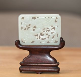 Antique Chinese Qing carved white jade phoenix plaque on Stand 19th Century RARE 10