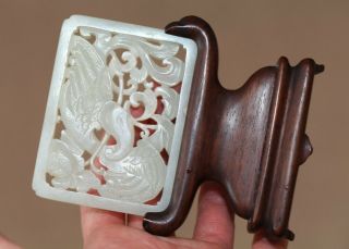 Antique Chinese Qing Carved White Jade Phoenix Plaque On Stand 19th Century Rare