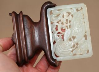 Antique Chinese Qing carved white jade phoenix plaque on Stand 19th Century RARE 2