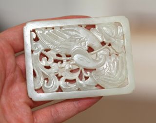 Antique Chinese Qing carved white jade phoenix plaque on Stand 19th Century RARE 3