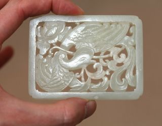 Antique Chinese Qing carved white jade phoenix plaque on Stand 19th Century RARE 4