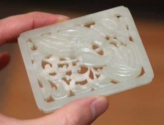 Antique Chinese Qing carved white jade phoenix plaque on Stand 19th Century RARE 5