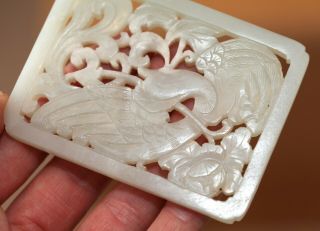 Antique Chinese Qing carved white jade phoenix plaque on Stand 19th Century RARE 7