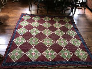 Rare Early Antique All Calico Blue Red Brown Hand Sewn Quilt Textile Aafa 19th C
