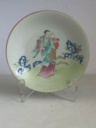 Antique Famille Verte Chinese Porcelain Enamel Painted Woman With Basket Saucer
