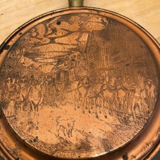 Antique Bed Warmer Copper/brass/wood Engraved Vtg European Carriage/horse Scene