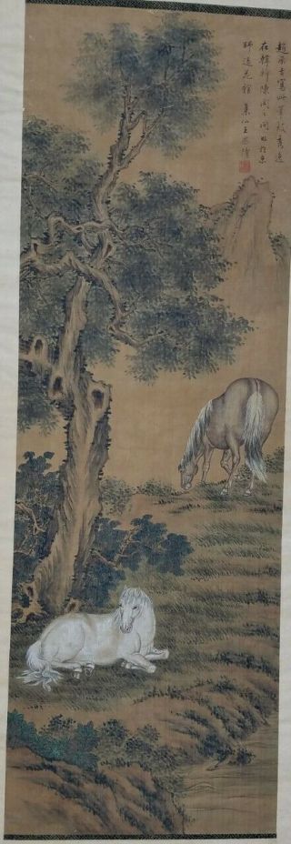 Pair Antique Chinese Qing Dynasty Scroll Paintings Horses Style of Lang Shining 11