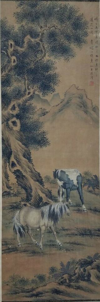 Pair Antique Chinese Qing Dynasty Scroll Paintings Horses Style of Lang Shining 12