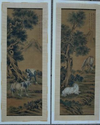 Pair Antique Chinese Qing Dynasty Scroll Paintings Horses Style Of Lang Shining
