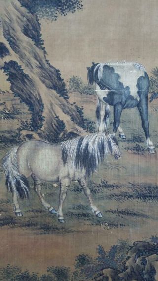 Pair Antique Chinese Qing Dynasty Scroll Paintings Horses Style of Lang Shining 2