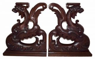 Pair French Carved Wood Griffins Cabinet Supports - Antique Chimera Corbels
