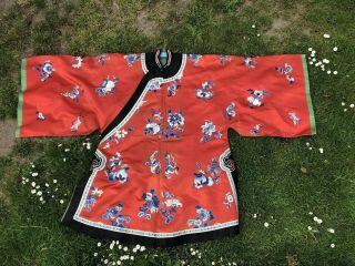 Fine Chinese Qing Dynasty Silk Coral / Red Embroidered Robe Decorated Phoenix