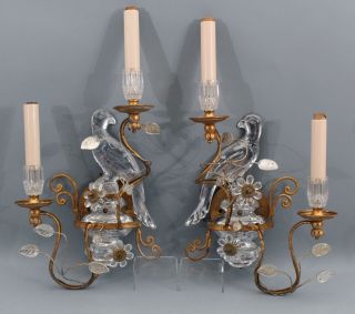 Antique Maison Bagues French Gilt Brass & Cut Crystal Parrot Lamp Sconces 2