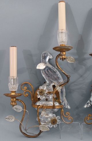 Antique Maison Bagues French Gilt Brass & Cut Crystal Parrot Lamp Sconces 3